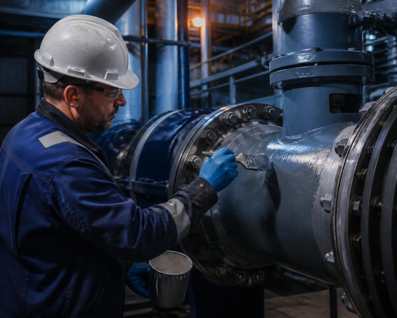 Belzona-trained technician applying a protective coating to industrial pipework